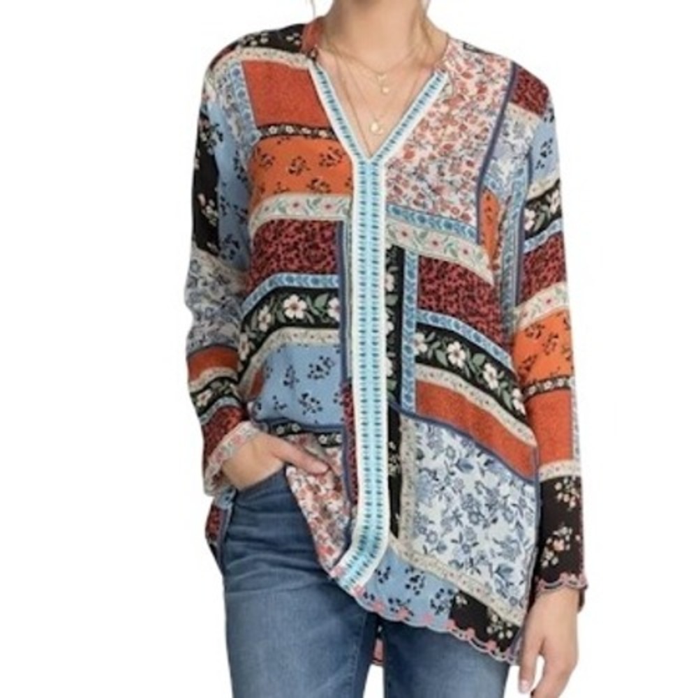 Johnny Was Eulia V Neck Patchwork Print Rayon Blouse Top XS Blue Orange Boho‎